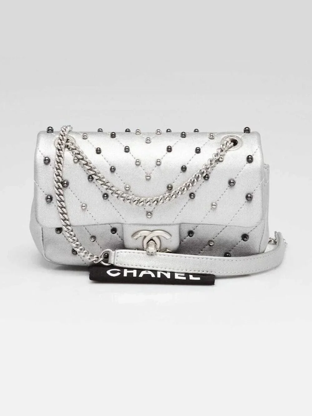 Chanel Silver Chevron Quilted Leather Studded Rectangular Mini Flap Bag
